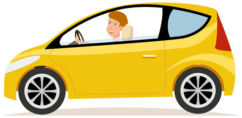 Beautiful girl with short hair driving yellow transport. Hatchback, smart, passenger car with driver