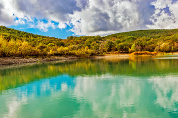 lake and mountains in crimea on a sunny autumn day