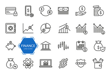 Set of financial icons. Money, finance, payment line icons. Finance and analytics related. Investment, business and banking line pictogram set. Editable stroke. Vector illustration