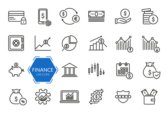Set of financial icons. Money, finance, payment line icons. Finance and analytics related. Investment, business and banking line pictogram set. Editable stroke. Vector illustration