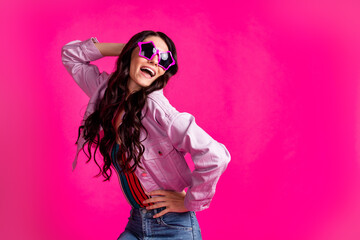 Photo of impressed brunette nice lady look empty space wear spectacles top jacket isolated on pink color background