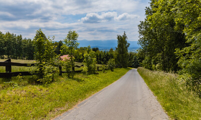 Fototapeta na wymiar Long path with bushes and fields around in Kaczawskie mountains