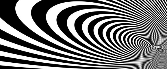 Obraz premium Op art distorted perspective black and white lines in 3D motion abstract vector background, optical illusion insane linear pattern, artistic psychedelic illustration.