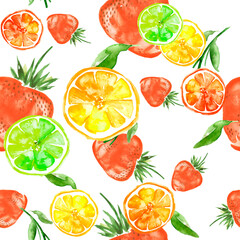 seamless pattern with watercolors - from tropical fruit, citrus spray, lemon, orange, lime, grapefruit paint splash. berry, strawberry. Bright fashionable background. Citrus Tropical Fruit Watercolor