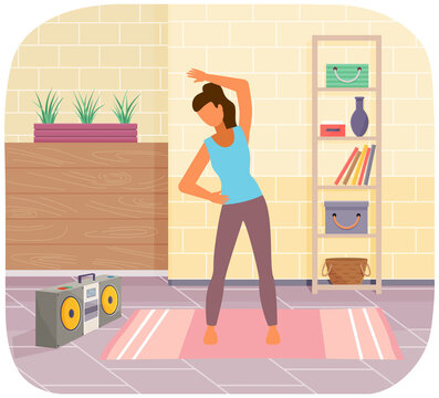 Woman athlete exercising at home. Female character is doing bends and stretching exercise wit music