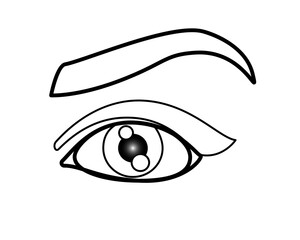 Girl's eye and eyebrow - linear stock illustration for coloring. Outline. Beautiful female eye with makeup. Linear face element.