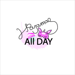 lettering pajama party with pink feather on the background, cupcake, unicorn sleep mask, lettering pajamas all day