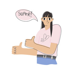 A pretty young girl raises her thumbs up and says Super. Vector flat illustration isolated on white background