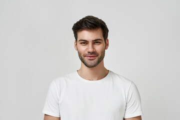 Bearded man in white t-shirt looking at camera
