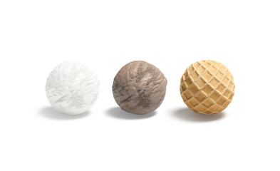 Blank vanilla, chocolate and waffle ice cream ball mockup, isolated