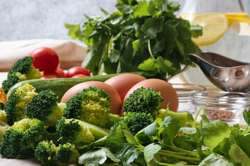 Fresh ingredients for vegetable salad on the table