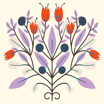 Folk art Scandinavian symmetric design. Retro floral folk art pattern