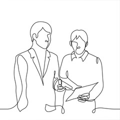 employee shows the boss the work done - one line drawing. the chief makes corrections in the report of the employee subordinate to him