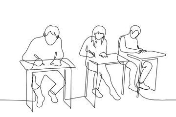 three students are sitting at their desks for the exam - one line drawing. offline learning concept, students adolescents without masks complete assignment or take lecture notes