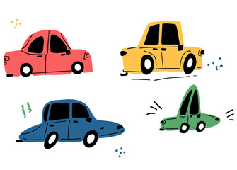 Naklejka premium Cool retro cars drawn by hand in the style of doodle. Illustration for children. Cute cartoon cars vector collection isolated on white