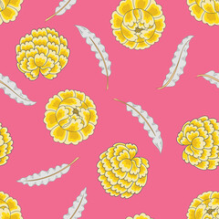 Yellow Peonies on Pink Background Vector Seamless Pattern