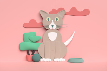Cute cartoon cat sitting on living coral background - 3d illustration