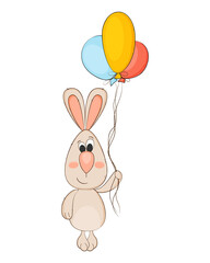 Cute baby bunny fying with colorful balloons. Vector illustration.