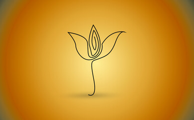 one stylized blooming flower on a short stalk without leaves in black lines on a gold background