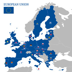 European Union blue map with country flags. Association of 28 member states national flags, political map with European country borders vector illustration