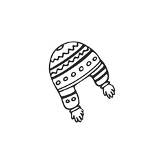 Hand-drawn winter hat in patterns, single element. Graphic doodle, sketch, outline drawing isolated on white. Vector illustration
