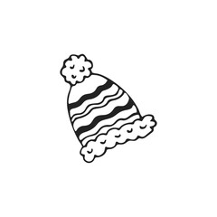 Hand-drawn winter hat with pompom, single element. Graphic doodle, sketch, outline drawing isolated on white. Vector illustration