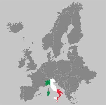 Map of Europe showing the territory of Italy highlighted by a flag