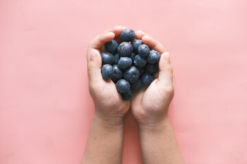 child hand holding fresh blue berry on pink background 