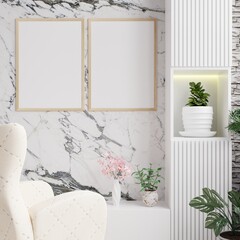 Picture frame on the marble wall in the living room is decorated with flower pots, there is an armchair in the front and a white brick wall as a background.3d rendering.