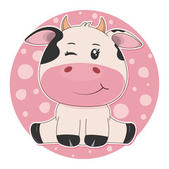 Cute cartoon cow isolated on a pink background.