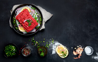 Raw minced meat with spices, vegetables and herbs on dark background.