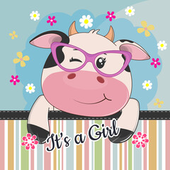 Adorable face cute cow in glasses on colored background with flowers.