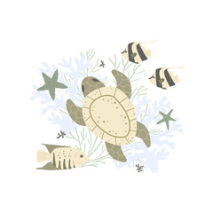 Marine composition with sea turtle, fish and starfish. Cartoon vector illustration, flat design