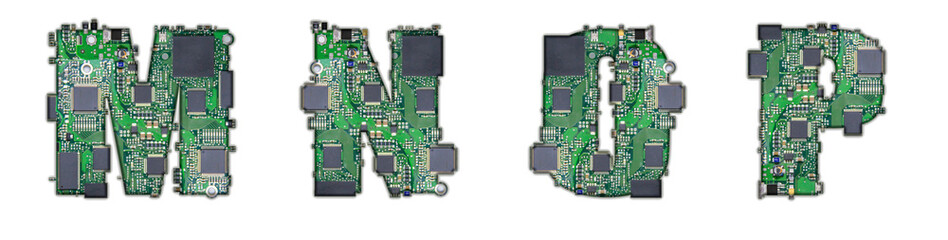 The letters M, N, O, P are made from a chip