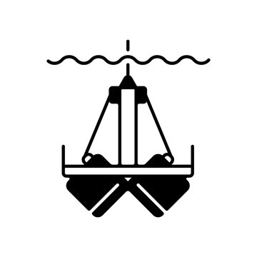 Sediment sampling black linear icon. Clam shell type scoop setup. Extract samples up to 20 centimeters deep within sampling area. Outline symbol on white space. Vector isolated illustration