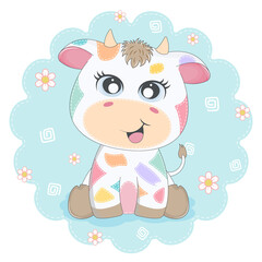 Cute cartoon colored cow smiling. Greeting card.