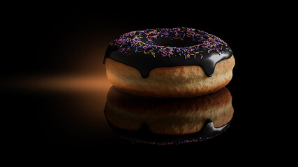 Donut with black icing on black background. CGI 3D render.