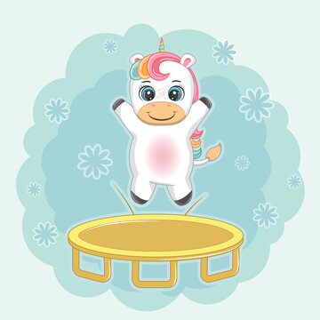 Cute happy cartoon unicorn jumping trampoline. Greeting card.