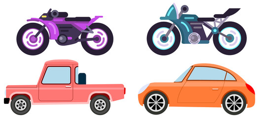 Cars and motorcycles of different types without drivers. Set of modes of transport and shapes