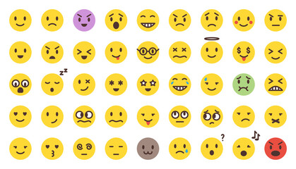 Cartoon color flat emoji set. World emoji day. Vector yellow emoticon collection isolated on white. Mood and facial smiles. Funny, angry, happy and sad faces web icons for message.