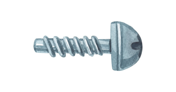 Watercolor screw.Isolated image of a gray metal screw on a white background. Watercolour