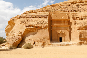 Jabal Al Banat, one of the largest clusters of tombs in Hegra with 29 tombs that have skillfully carved facades on all sides of the sandstone rock, Al Ula, Saudi Arabia - 425548706