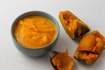 Pumpkin soup served with croutons