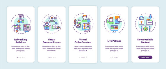 Virtual events success tips onboarding mobile app page screen with concepts. Activities, pollings walkthrough 5 steps graphic instructions. UI, UX, GUI vector template with linear color illustrations