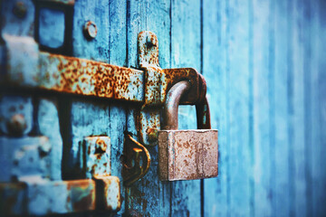 An old lock hangs on a rust-covered blue wooden gate. Closed.