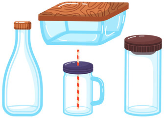 Eco friendly glass packaging, set of containers jars, bottles and boxes for storing food and liquids