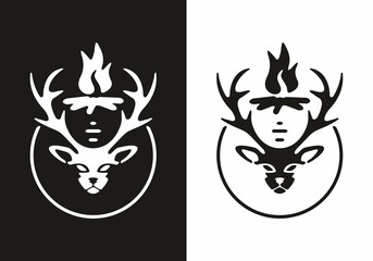 Deer head and bonfire line art illustration tattoo