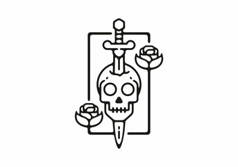 Line art illustration tattoo of skull with sword and rose