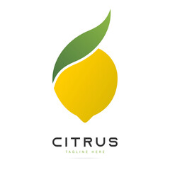 Abstract bright taste fruit citrus yellow lemon logo with green leaf sign.Design template fresh icon,juice concentrate symbol from curved lines.Print for pattern textile fabric.Vector illustration