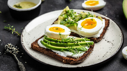 Rye toasts with soft cheese, avocado, hard-boiled eggs with olive oil and bread. healthy diet or vegetarian food, Food recipe background. Close up